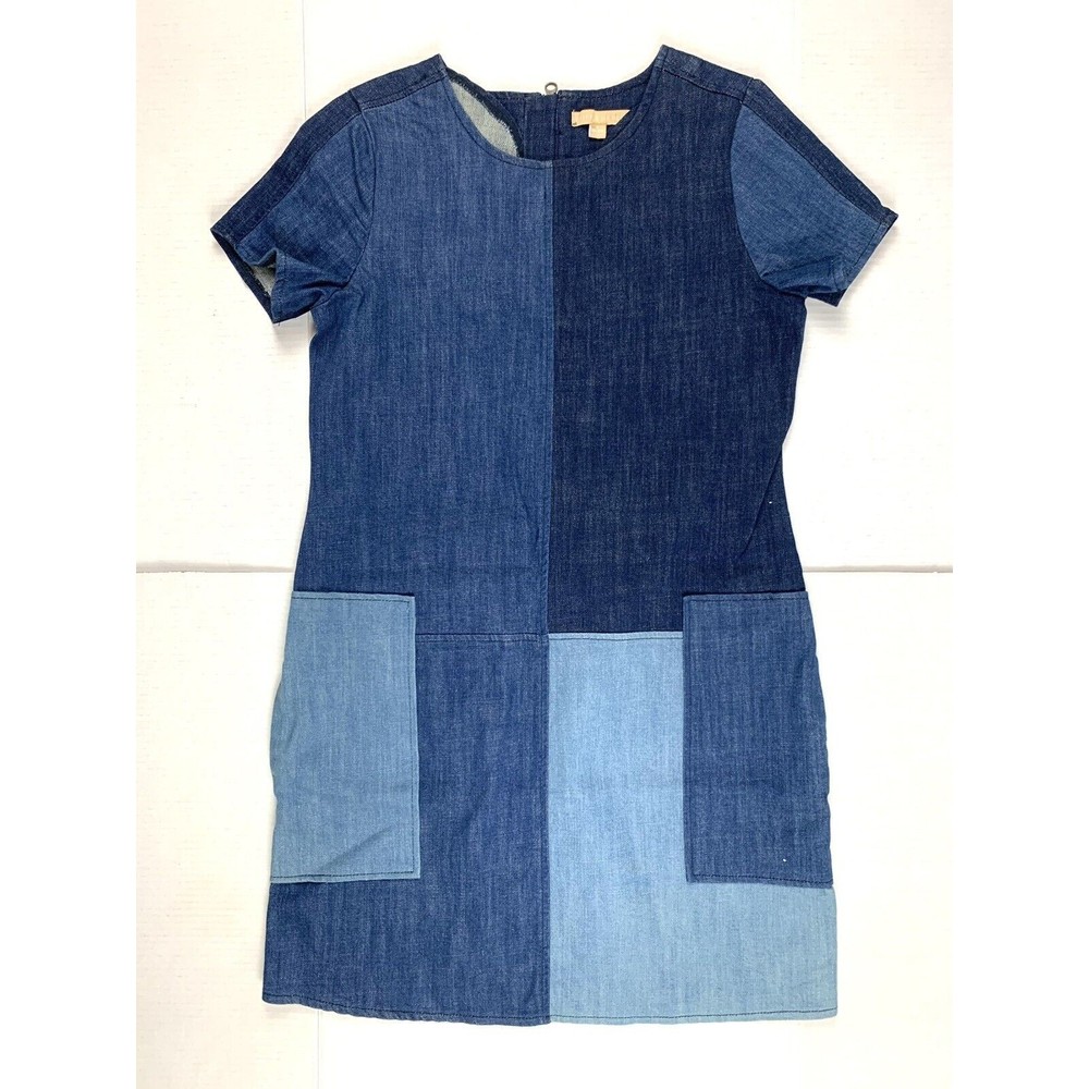 Hope & Harlow Womens 8 Denim Shift Dress Knee Length Blue Zip Back Patchwork